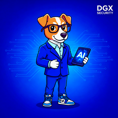 BYTE, the DGX Security mascot: an orange-and-white dog in glasses and a blue suit holding an AI tablet